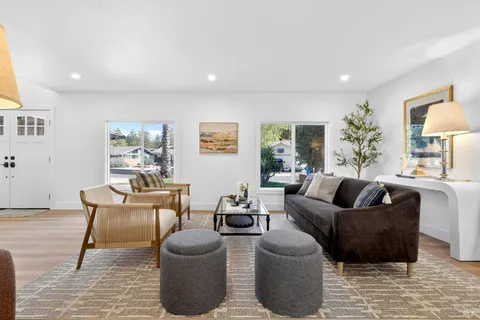 a view of a dining room with furniture
