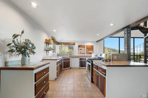 a view of kitchen with stainless steel appliances cabinets and outdoor space