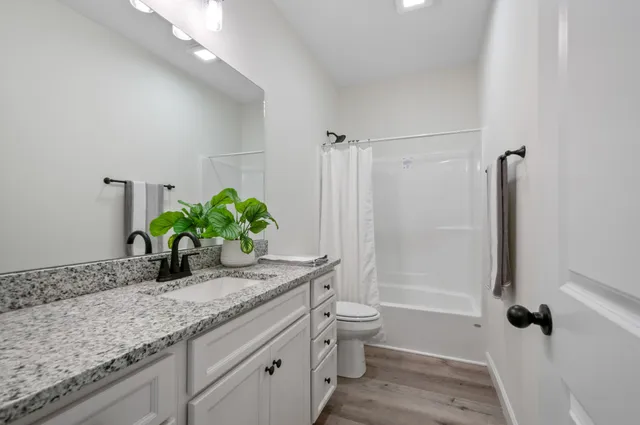 a bathroom with a granite countertop sink a toilet and shower