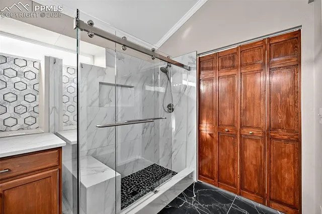 a bathroom with a shower and a sink