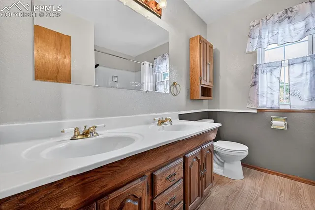 a bathroom with a sink a toilet and mirror