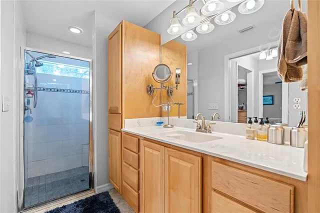 a bathroom with a sink a mirror a vanity and a shower