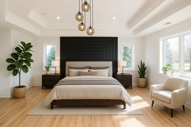 a bedroom with a large bed and a potted plant
