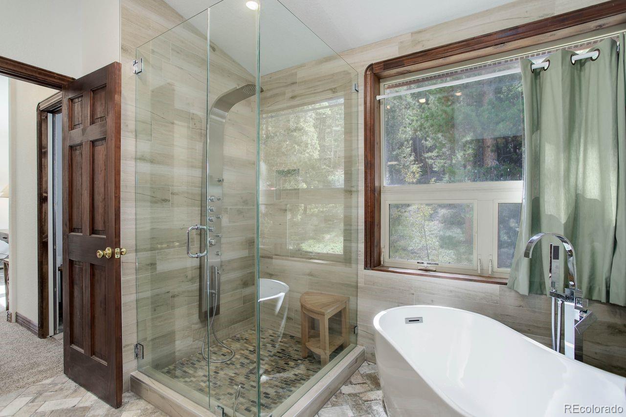 264 North Fork Road Grant, CO 80448 - Photo 18 of 34 a bathroom with a granite countertop shower a sink and a large mirror