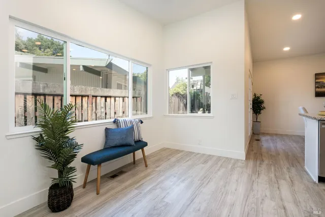 a living room with furniture and a potted plant