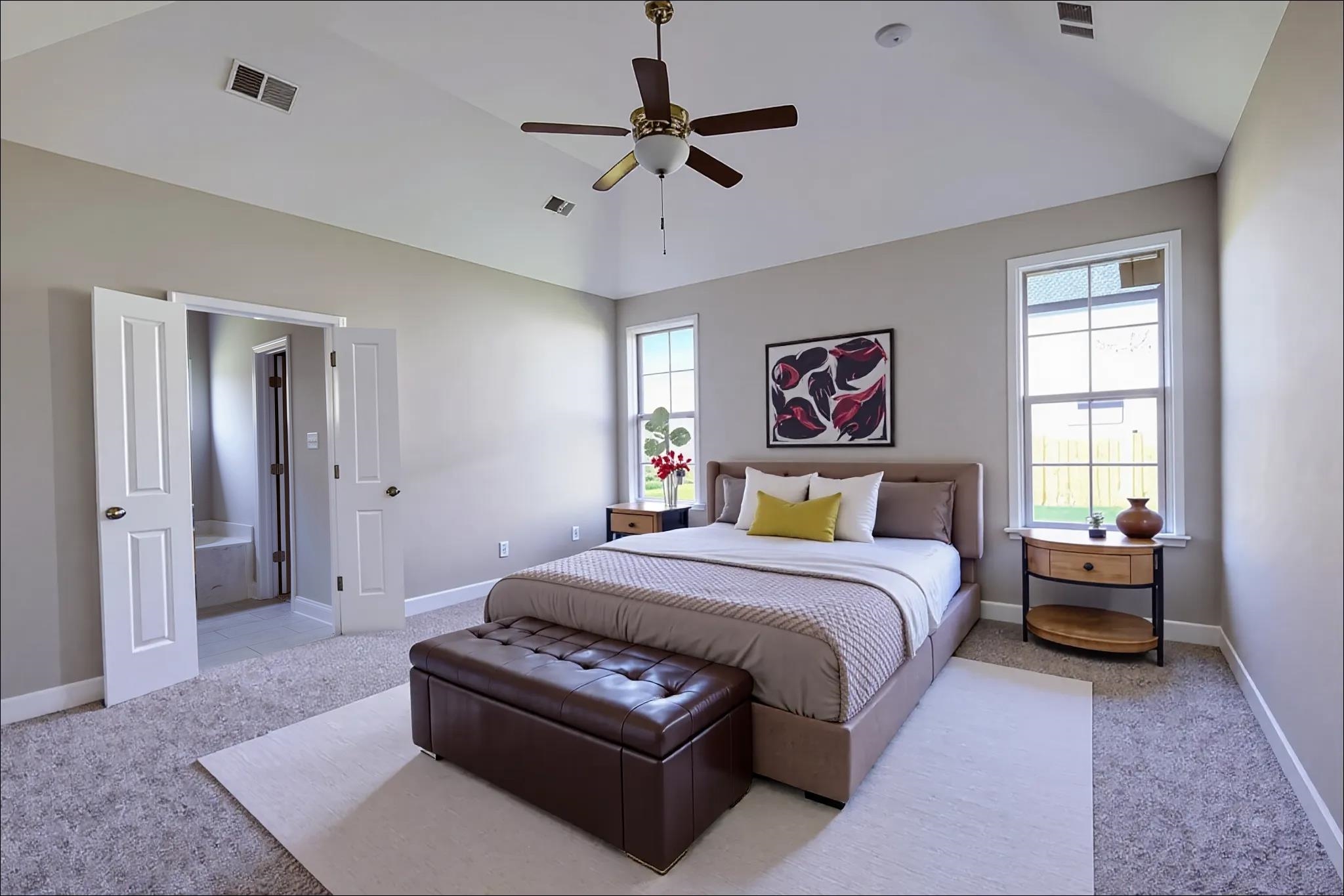 55 Misty Rdg Loop Oakland, TN 38060 - Photo 16 of 38 Bedroom with light carpet, multiple windows, lofted ceiling, and a ceiling fan