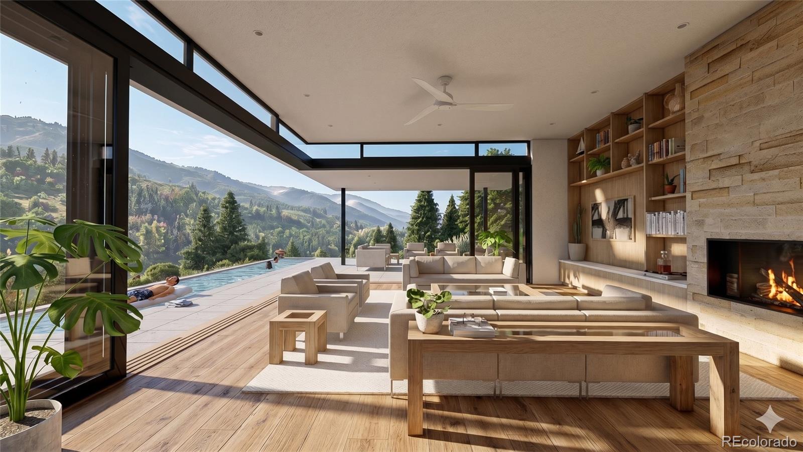 a living room with fireplace furniture and a large window