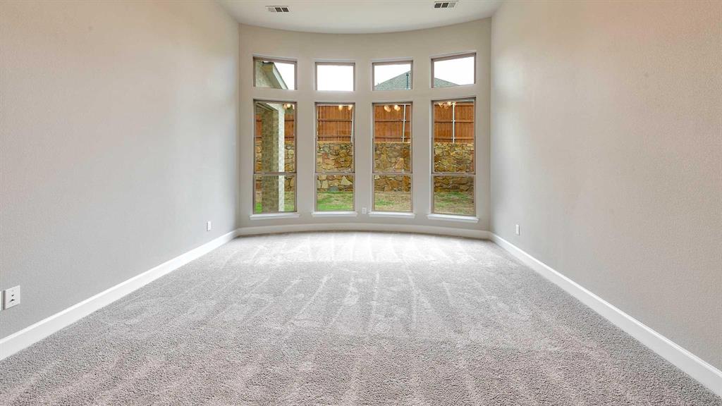 4237 Capstone Road Midlothian, TX 76065 - Photo 15 of 25 Curved window wall with multiple panes and transom windows, light gray carpeting, and neutral wall tones