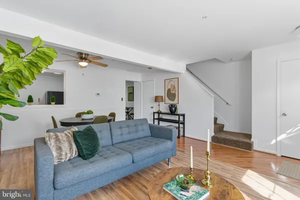 a living room with furniture and a potted plant