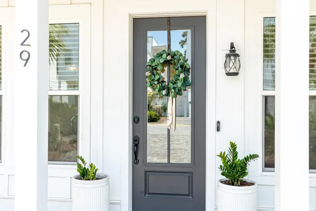 a view of a potted plant sitting in front of a door