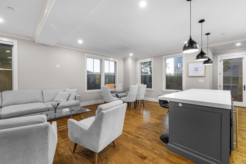 24 Selkirk Road, Unit 244 Boston, MA 02135 - Photo 6 of 31 a living room with fireplace furniture and a wooden floor