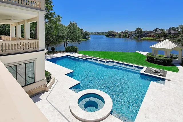 swimming pool view with a lake view