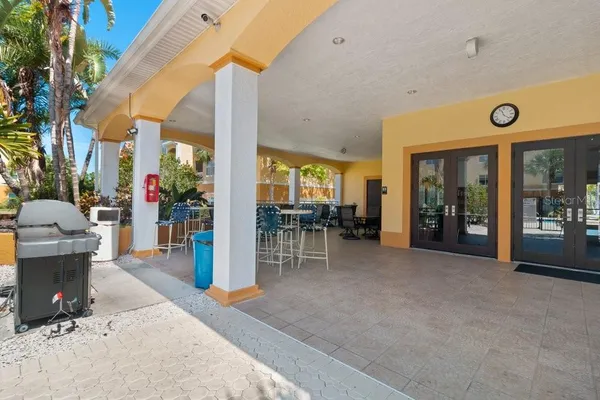 a lobby with furniture and window