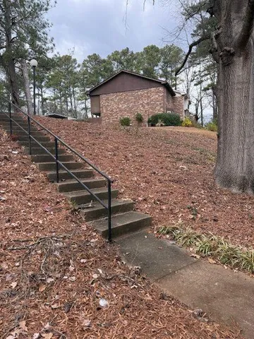 a view of a dry yard with wooden fence and a tree