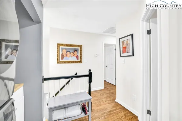 a view of a hallway with wooden floor and a potted plant