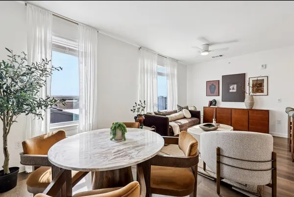 a living room with furniture and a potted plant