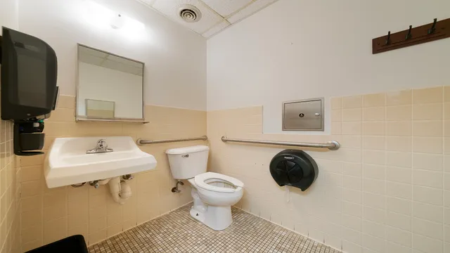 a bathroom with a toilet sink and mirror