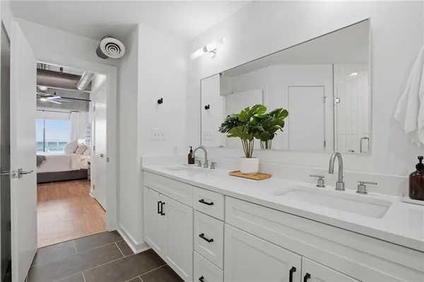 a en suite bathroom with 2 sink flowerpot and a mirror