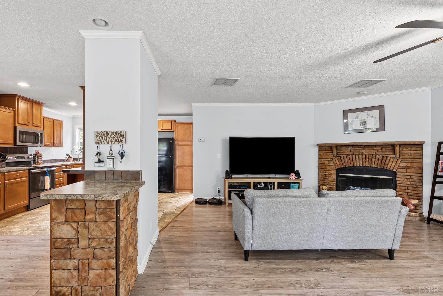 6124 Old Courthouse Road Appomattox, VA 24522 - Photo 10 of 52 a living room with furniture a flat screen tv and a fireplace