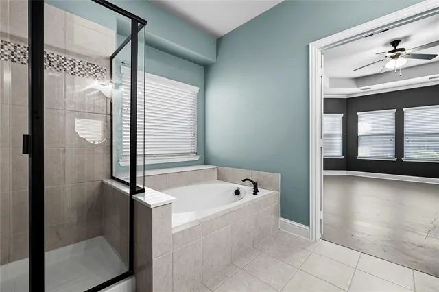 a bathroom with a bathtub and a shower