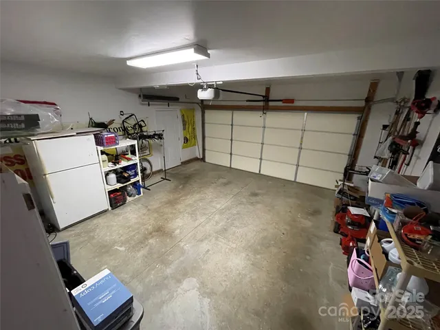 a view of a garage with storage