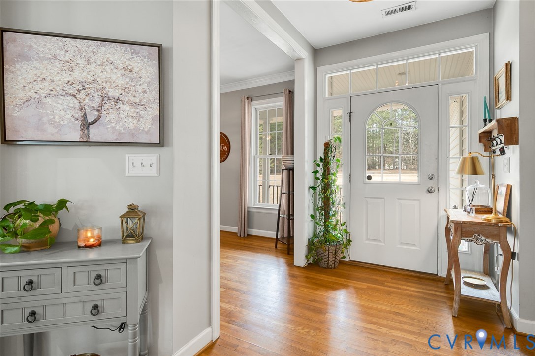 6109 Autumn Bluff Road Powhatan, VA 23139 - Photo 3 of 28 a hallway with wooden floor and a potted plant