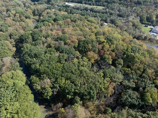 an aerial view of house with yard and trees