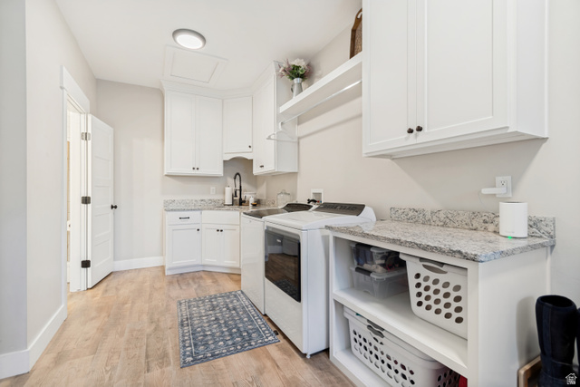 332 South 500 West Payson, UT 84651 - Photo 19 of 50 Utility room featuring wood style lvp flooring, white cabinetry, granite countertops, a built-in sink with a black faucet, and open shelving