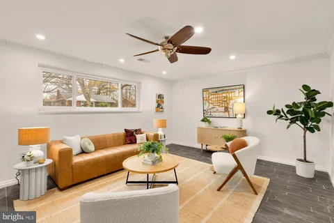 a living room with furniture and a potted plant