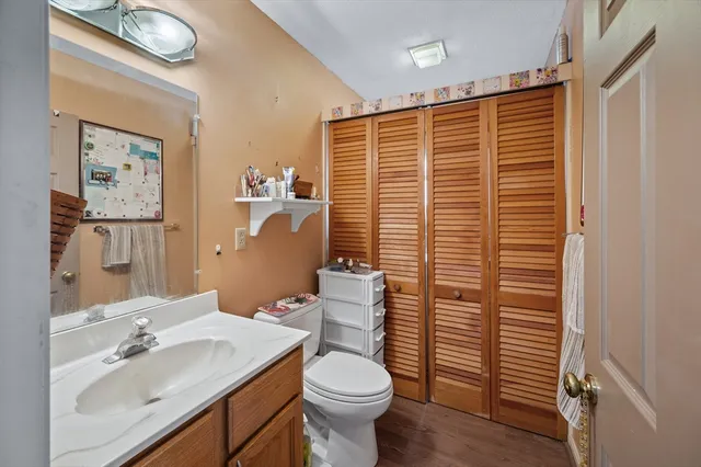 a bathroom with a sink a toilet and shower curtain