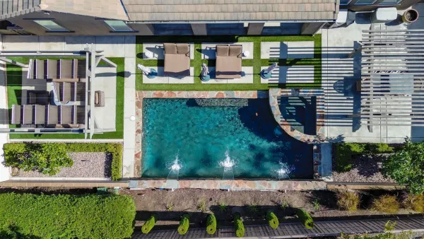 a front view of a building with outdoor space