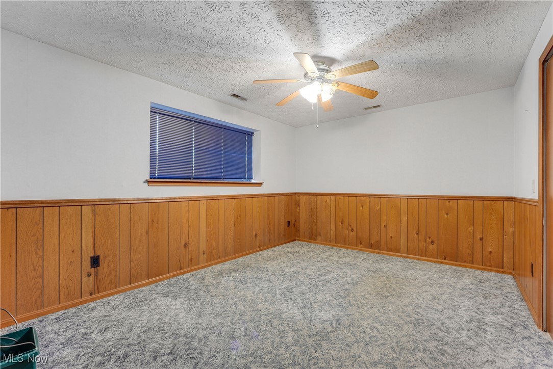 123 Boulder Ridge Place Painesville, OH 44077 - Photo 25 of 28 Carpeted empty room featuring wainscoting, a ceiling fan, a textured ceiling, and wood walls