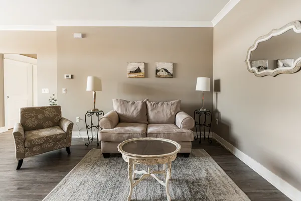 a living room with furniture and a rug