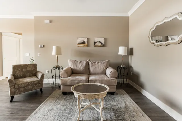 a living room with furniture and a rug