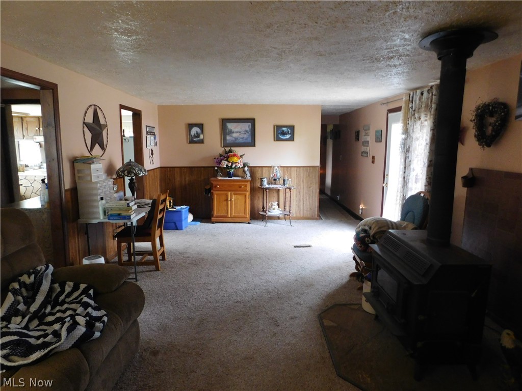 4728 Zenobia Road Wakeman, OH 44889 - Photo 3 of 25 Carpeted living room featuring a wood stove and a textured ceiling