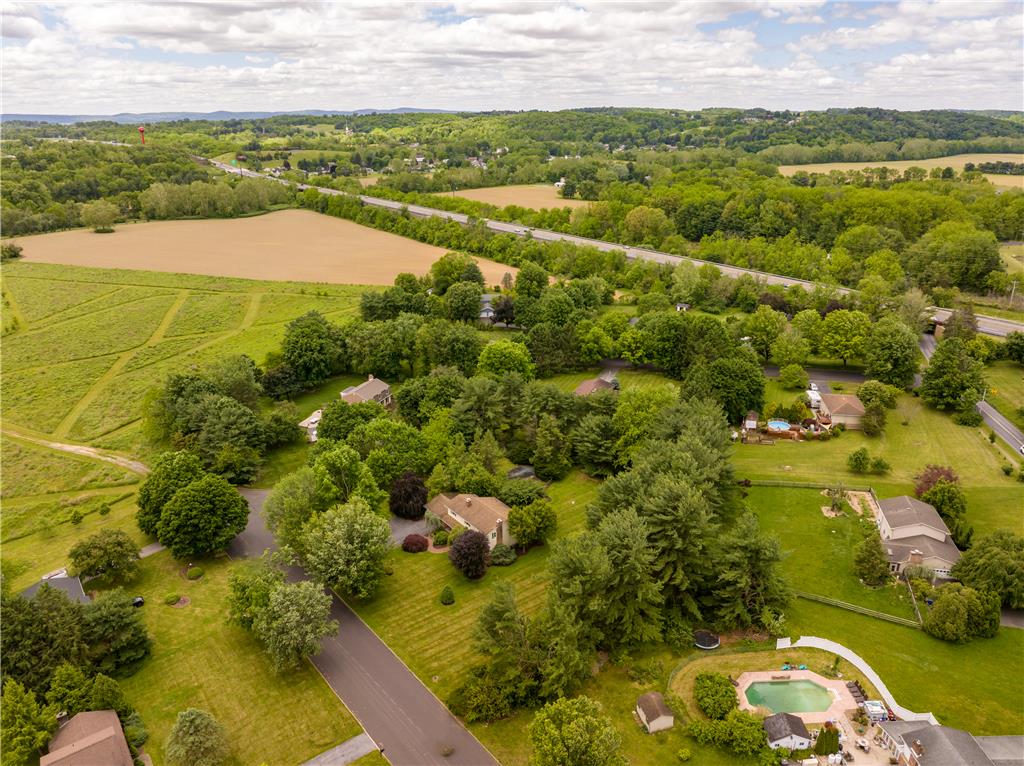 2516 Rachael Lane Orefield, PA 18069 - Photo 43 of 45 An aerial panorama reveals a vast green landscape with several homes, a winding road, and a private pool.