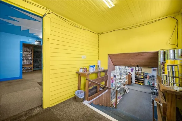 a view of a room with shelves
