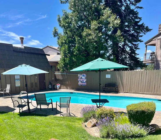 a garden view with a seating space