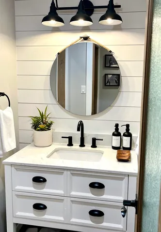 a bathroom with a sink and a mirror