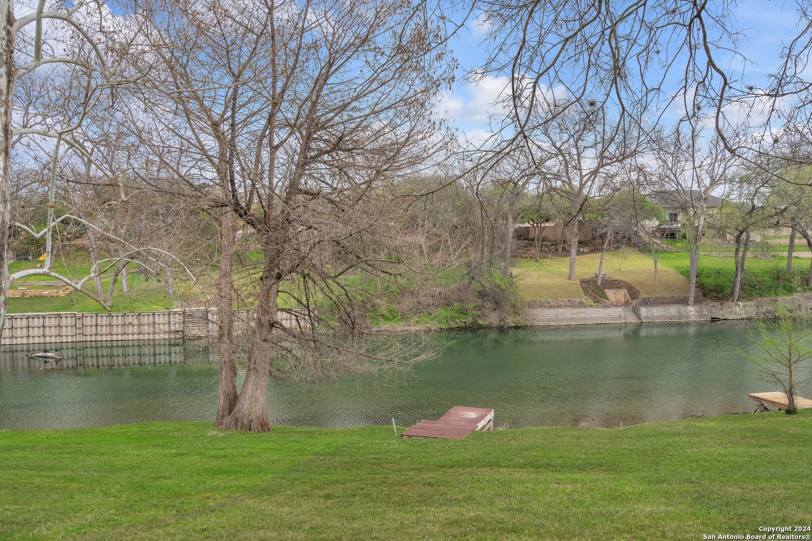 a view of a lake with a yard and a large tree