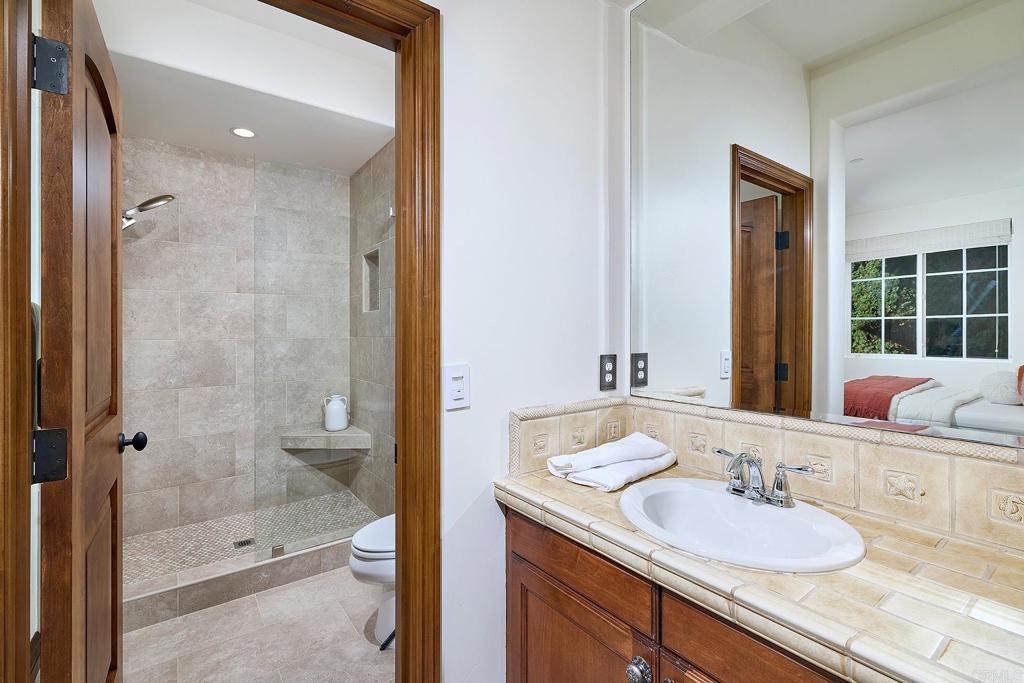 6591 Halite Place Carlsbad, CA 92009 - Photo 28 of 33 a bathroom with a granite countertop sink a mirror and shower