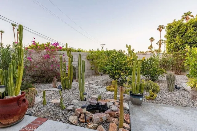 a garden view with a seating space