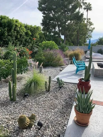 a view of a terrace with a fountain