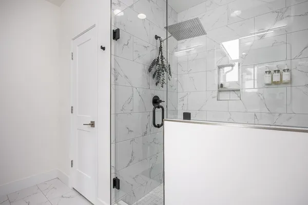 a bathroom with a bathtub and a shower