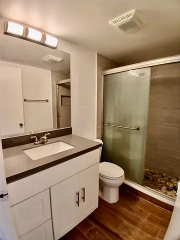 a bathroom with a sink a toilet a shower and a mirror