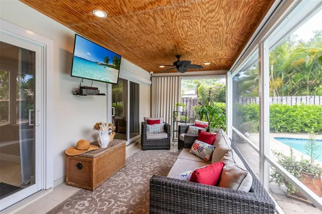 an aerial view of a house with outdoor space