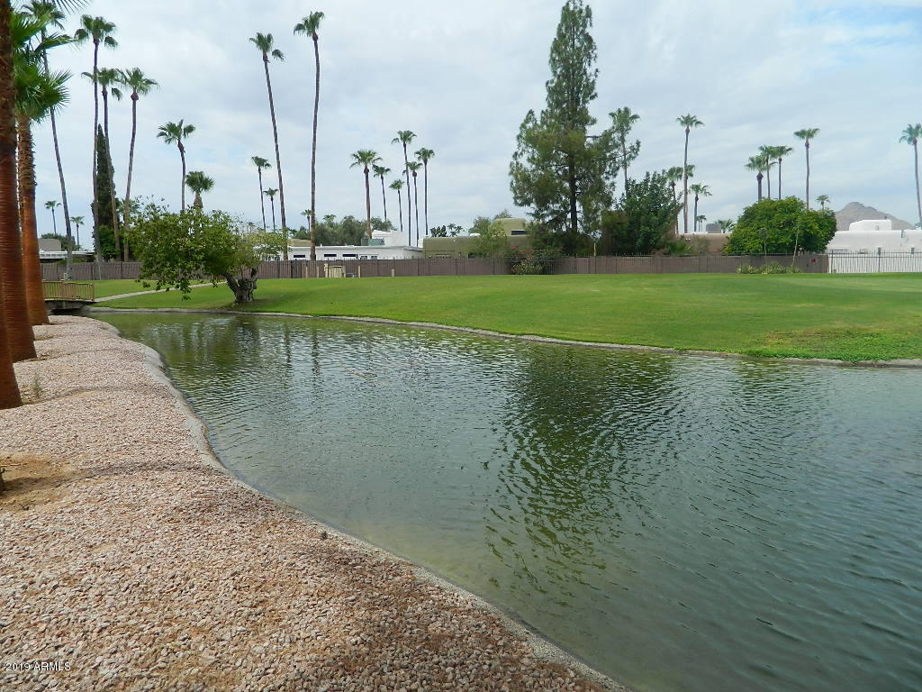 7830 East Camelback Road, Unit 212 Scottsdale, AZ 85251 - Photo 37 of 45 a view of a lake with a big yard and palm trees