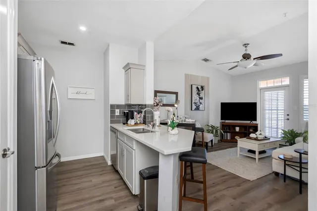 a view of a dining room with furniture