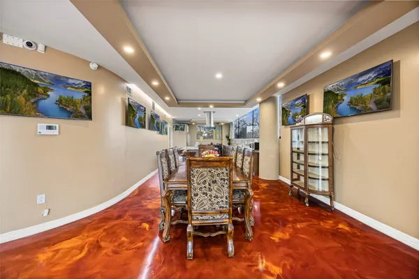 a view of a dining room with furniture