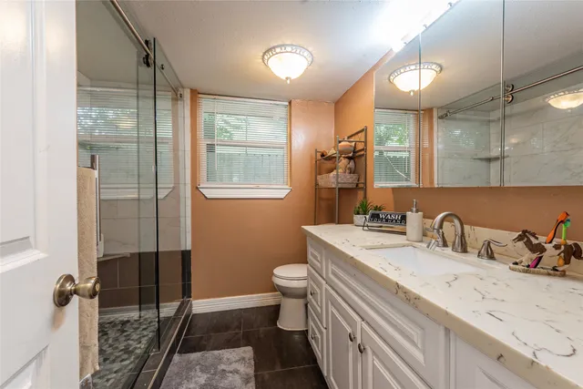 a bathroom with a sink a toilet and shower